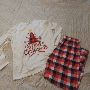 Men's Festive Pajama Set - White and Red Plaid NEW! Merry Christmas